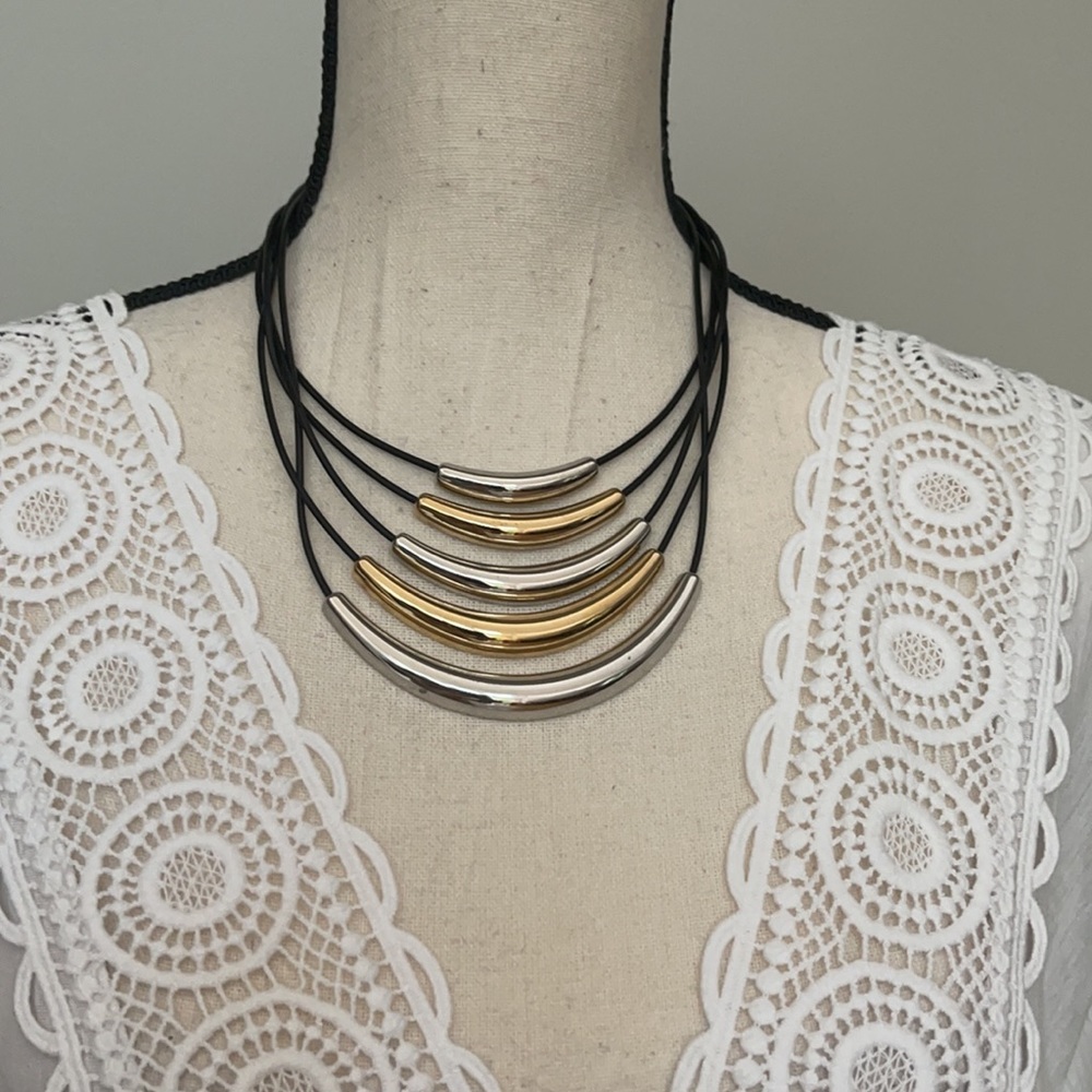 5 Strand Silver and Gold Tone Necklace | cool necklace - Picture 2 of 6